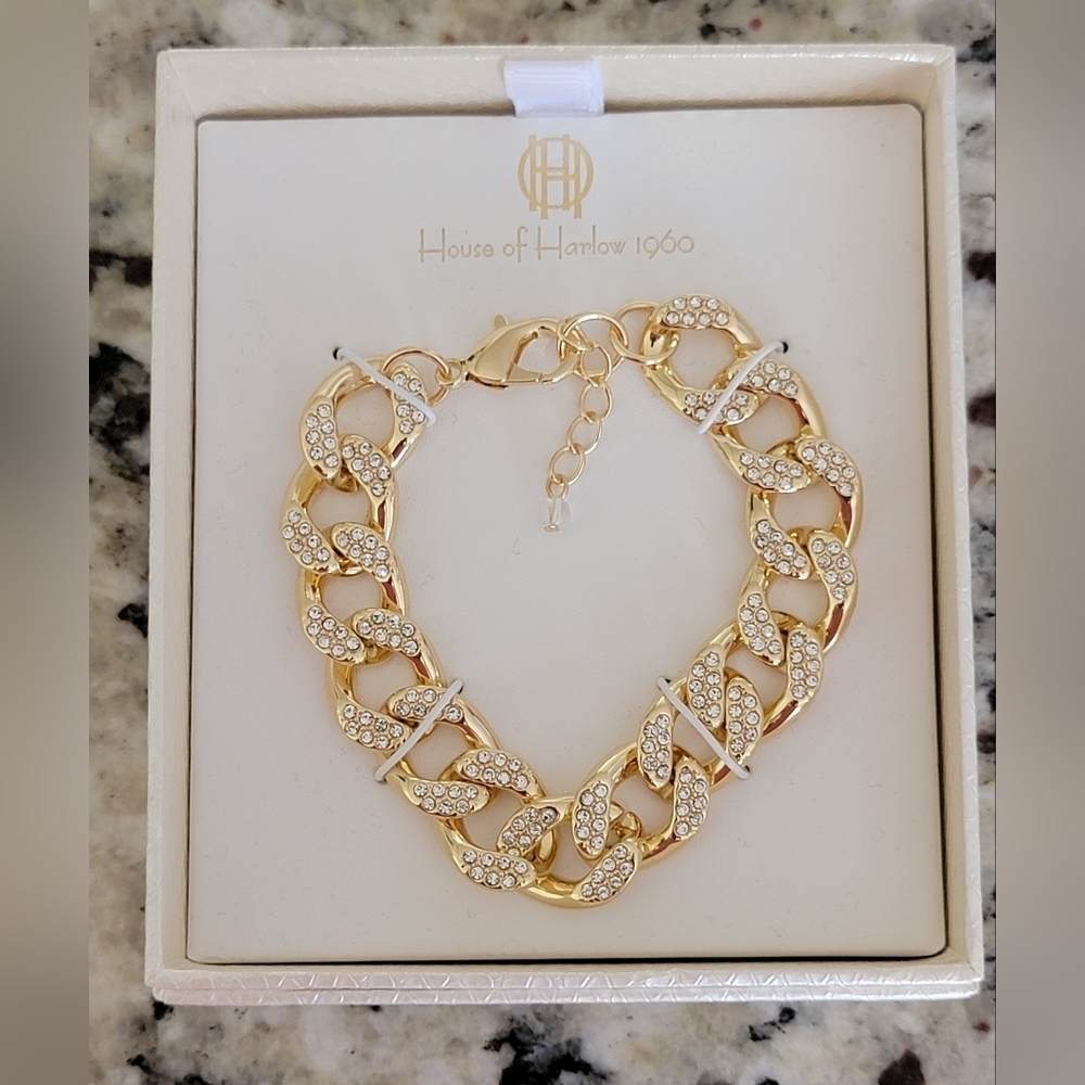 House of Harlow 1960 Gold Tone Link Bracelet with Rhinestones NWT